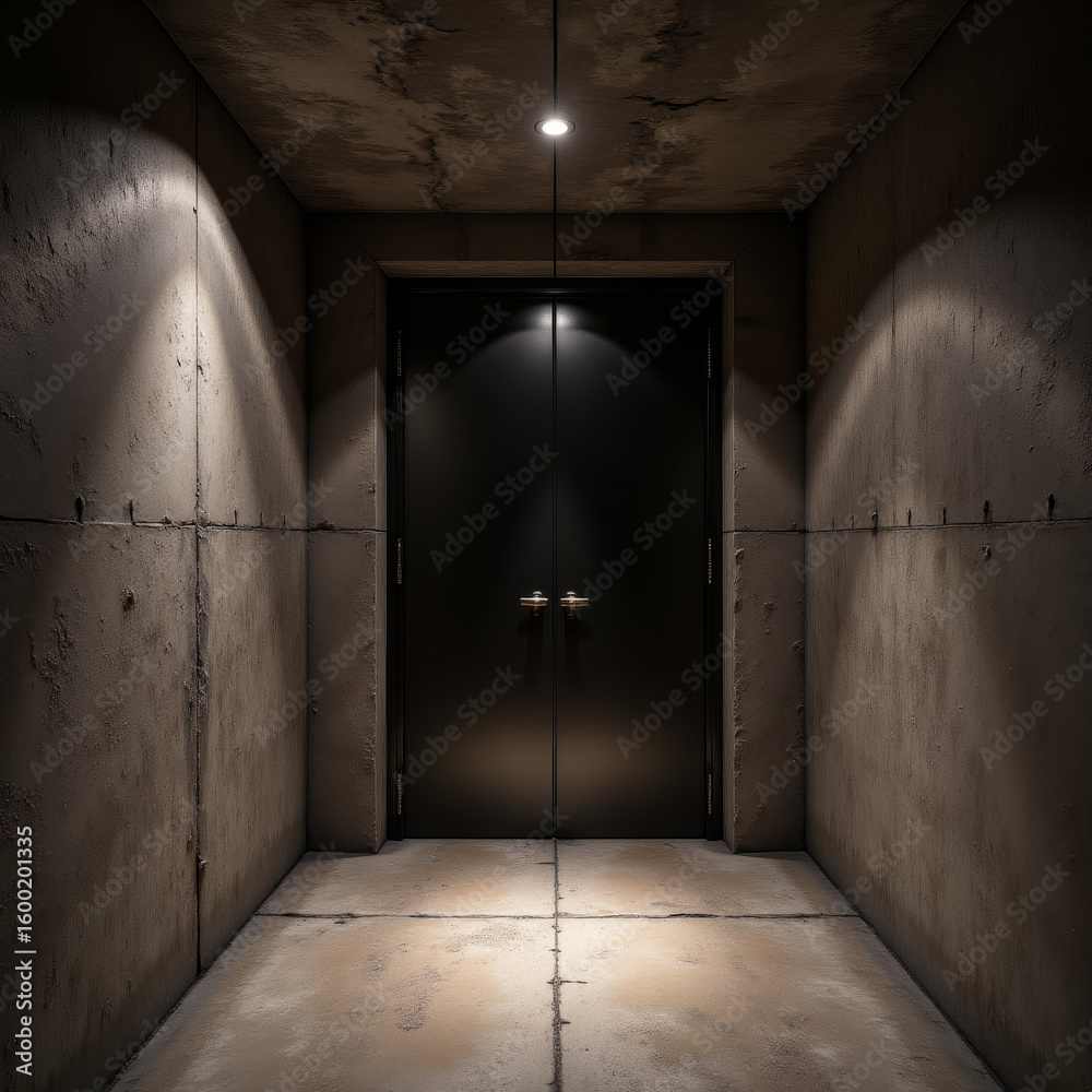 Obraz premium Dark minimal hallway with matte walls and single spotlight above double steel doors creating dramatic ambiance