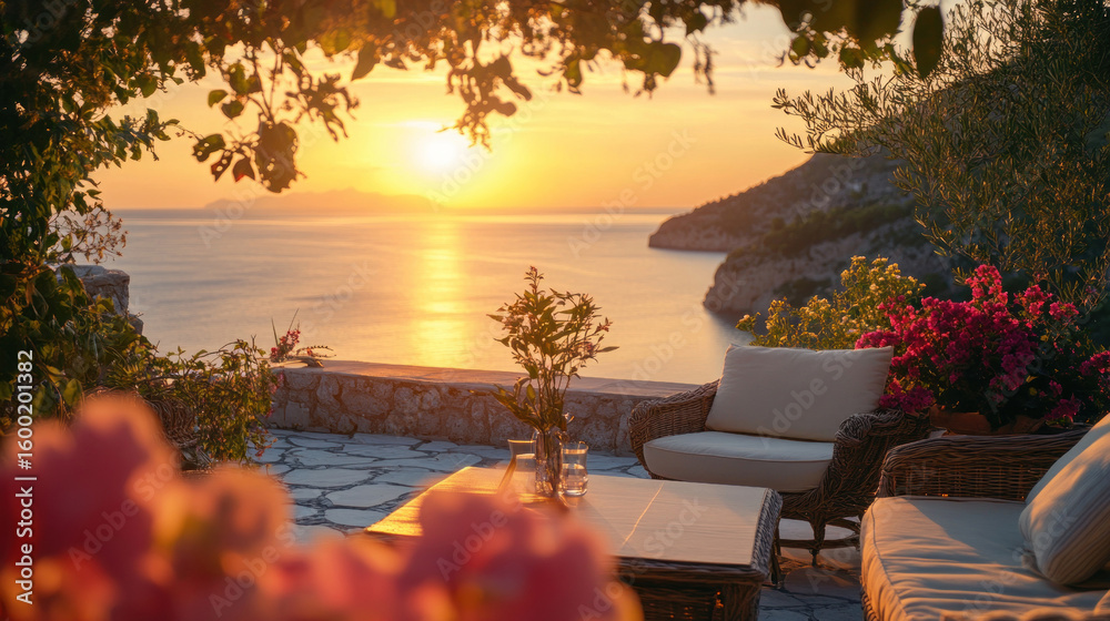 Fototapeta premium cozy outdoor seating area overlooking serene ocean sunset. picturesque view with vibrant flowers, tranquil atmosphere. travel inspiration, relaxation, summer holiday.