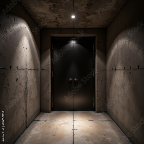 Dark minimal hallway with matte walls and single spotlight above double steel doors creating dramatic ambiance
