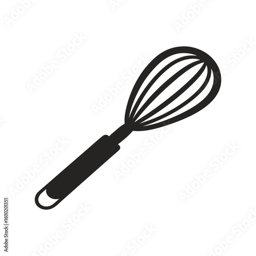 Simple black and white outline illustration of a classic wire whisk kitchen tool