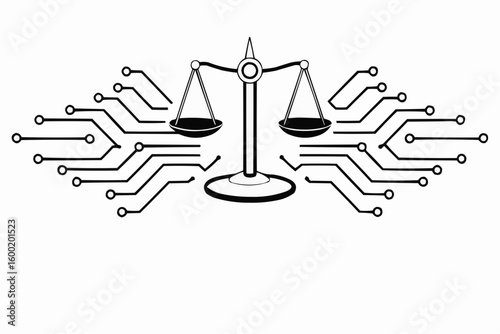 Black and white illustration of scales of justice surrounded by circuit board patterns on a white background
