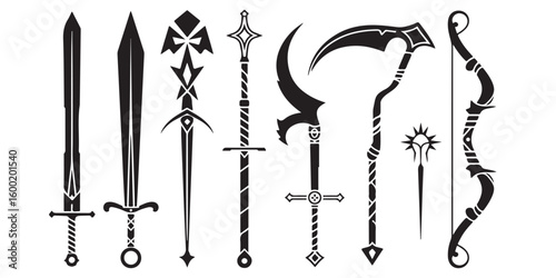 Illustration of various fantasy weapons including swords scythes and a bow in black and white style