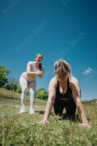 Two women partake in a fitness routine. One is performing an exercise while the other provides encouragement. Set outdoors with a vivid blue sky and green surroundings.