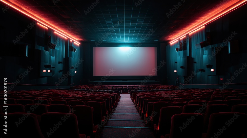 Fototapeta premium Empty Movie Theater: Neon Lights and Red Seats