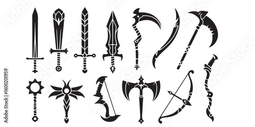 Assortment of black and white fantasy weapons including swords axes bows and scythes on a white background