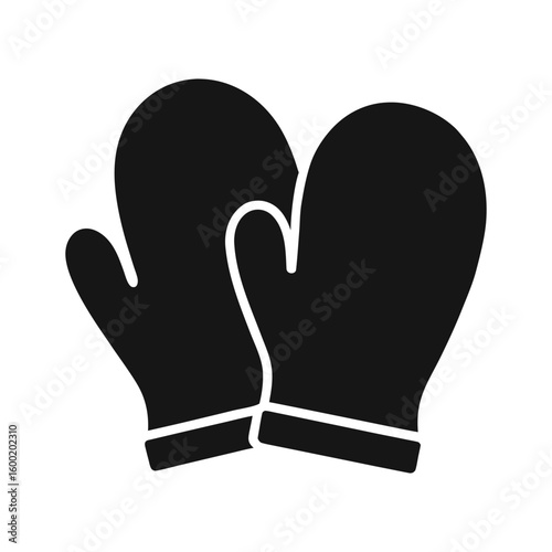 Black and white silhouette of two oven mitts perfect for cooking and kitchen themes.