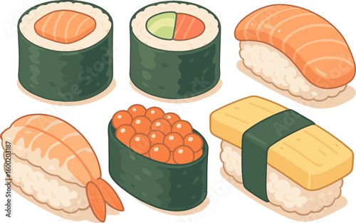 Colorful selection of sushi rolls featuring various ingredients on a light background