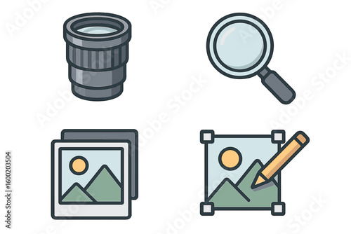 Lens, magnifying glass, picture frame, and pencil representing photography and art creation process in a creative workspace
