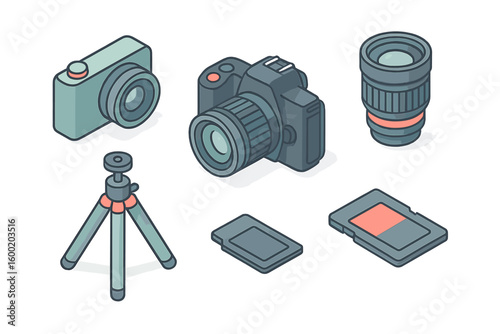 Collection of photography equipment including cameras, lenses, tripod, and memory cards on a simple background