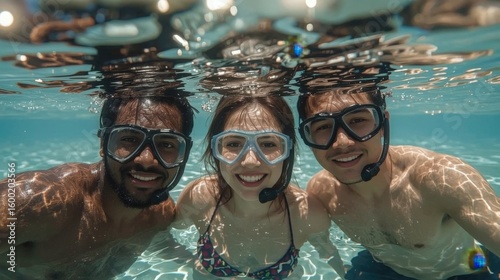 Happy Diverse Friends Snorkeling Selfie: Tropical Underwater Adventure & Summer Vacation