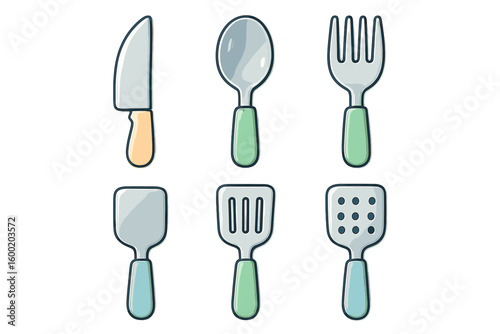 Illustration of kitchen utensils including a knife, spoon, fork, spatula, and trowel arranged in a stylish layout