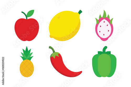 A vibrant collection of healthy fruits and vegetables, featuring apples, bananas, oranges, strawberries, pears, tomatoes, cherries, lemons, peppers, and plums