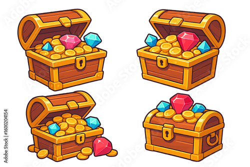 Treasure chests filled with gold coins and colorful gems in a playful design