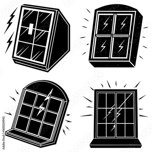 Illustration of four stylized windows with lightning strikes in black and white design elements