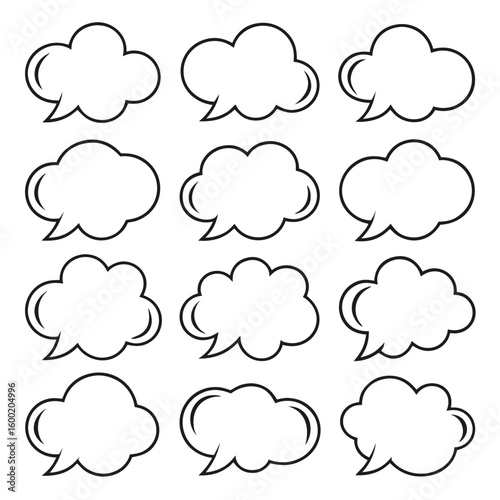 Twelve blank white comic book speech bubbles with black outlines arranged in a grid talk thought 1
