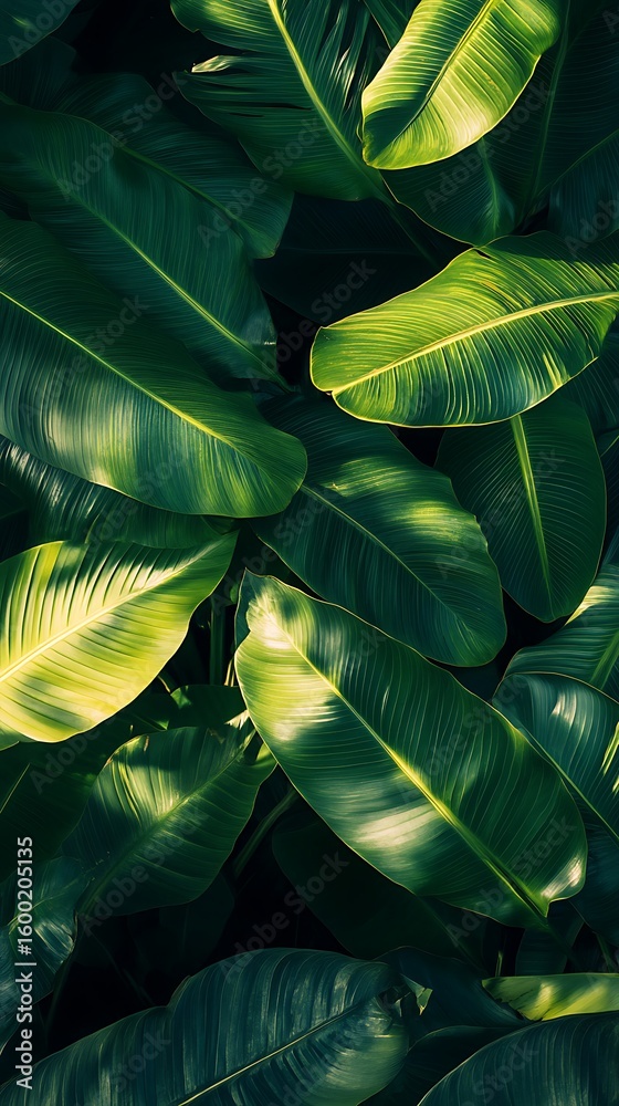 Obraz premium Lush green banana leaves bathed in dappled sunlight creating a vibrant natural texture