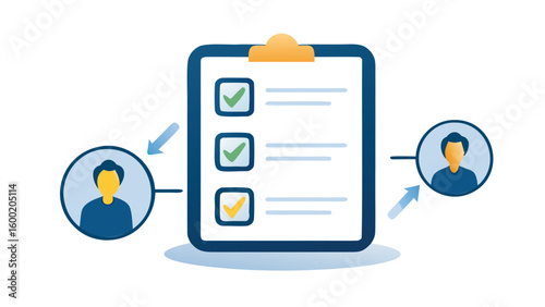 Clipboard with checklist and profile icons showing data transfer between two people online exactly
