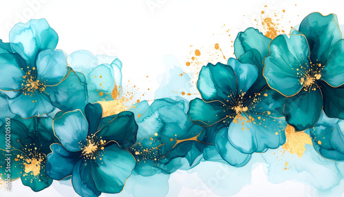 Teal Flowers Gold Accents Abstract.