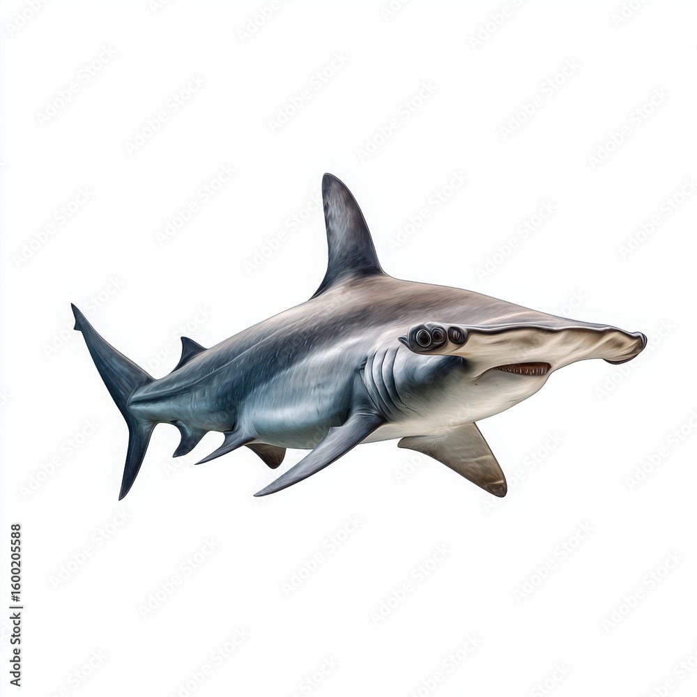 Naklejka premium Hammerhead Shark Swimming Isolated on White Background
