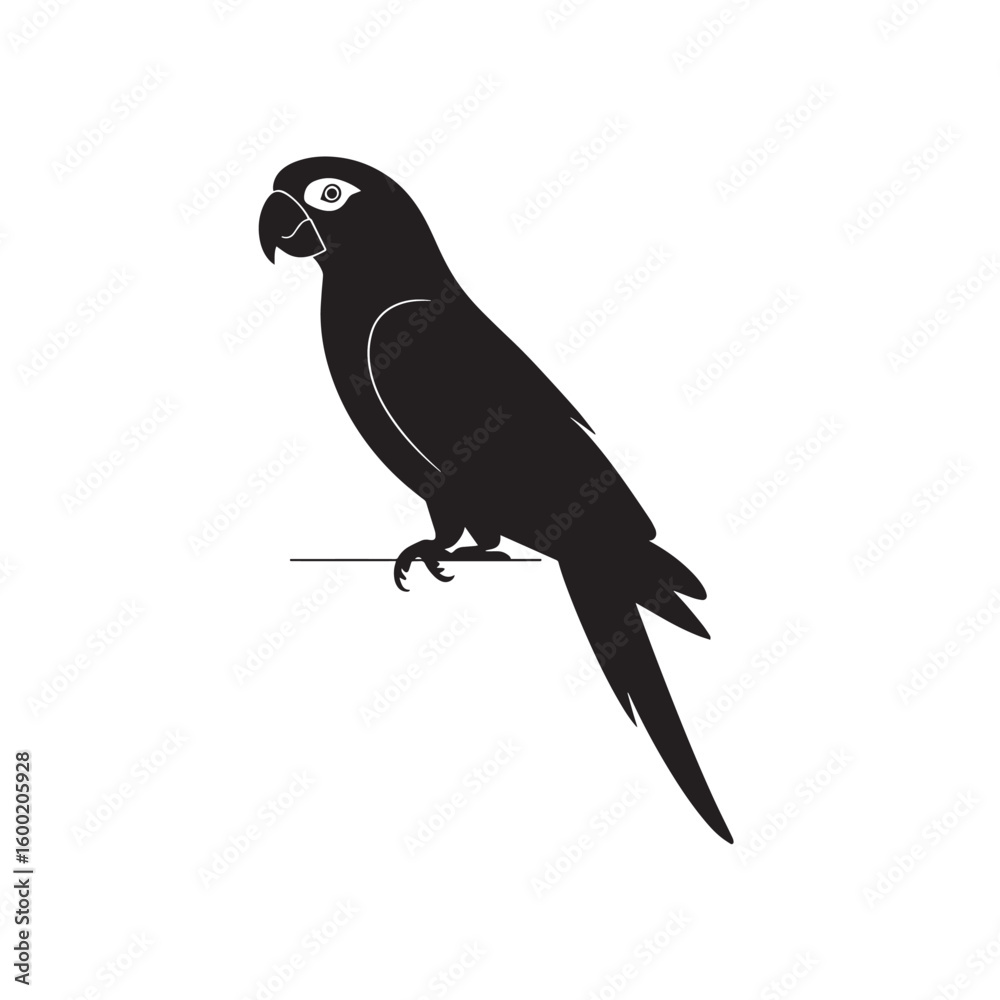 Fototapeta premium Black Parrot or Macaw Bird Silhouette Perched - Tropical Avian Vector Illustration for Pet, Wildlife, and Exotic Designs