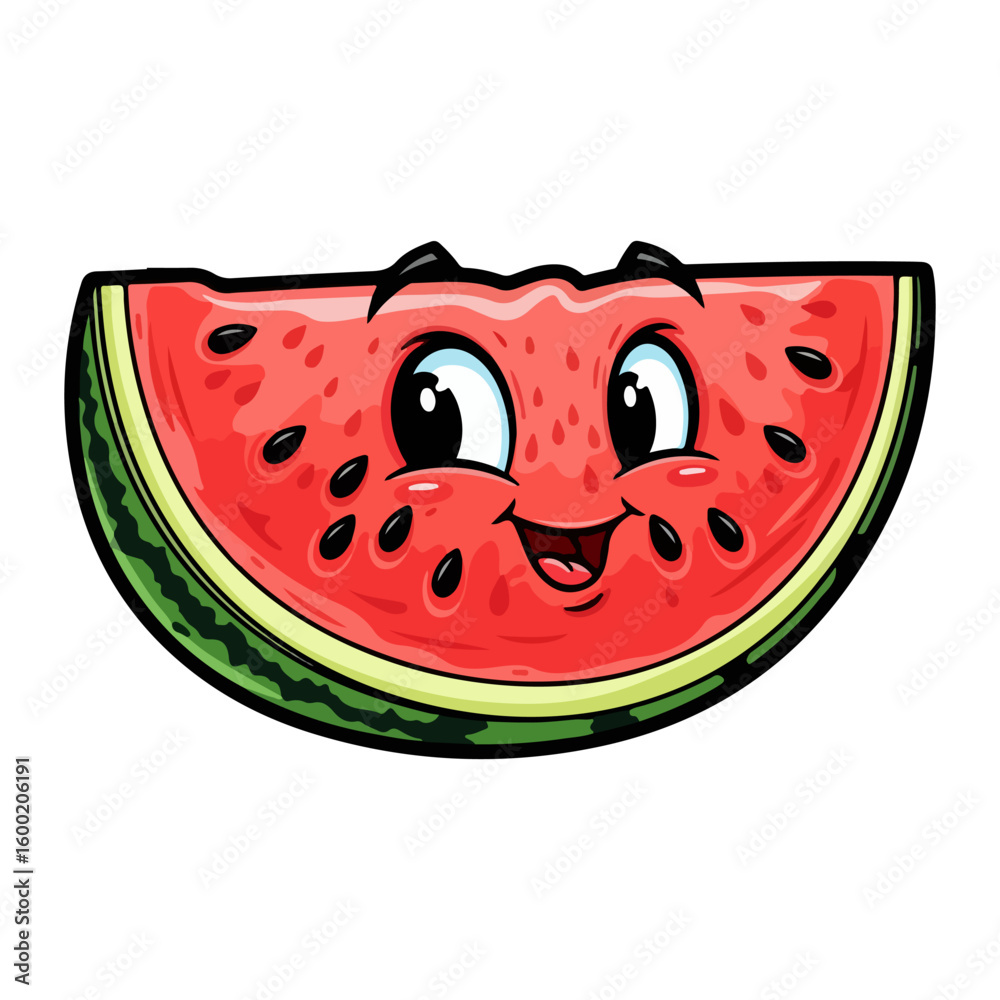 Obraz premium Watermelon cartoon, colored cartoon with line art and white background. AI generated image.