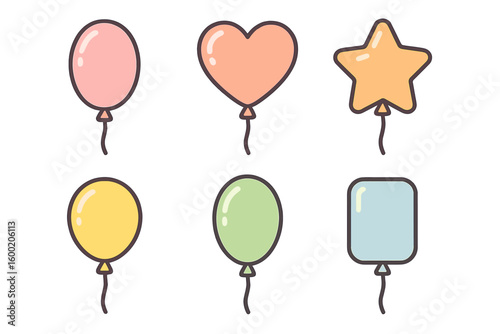 Colorful balloons in various shapes including heart, star, and square floating against a plain background