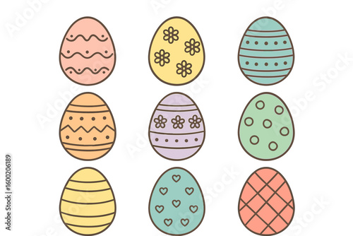Colorful collection of decorative Easter eggs arranged in a neat grid pattern