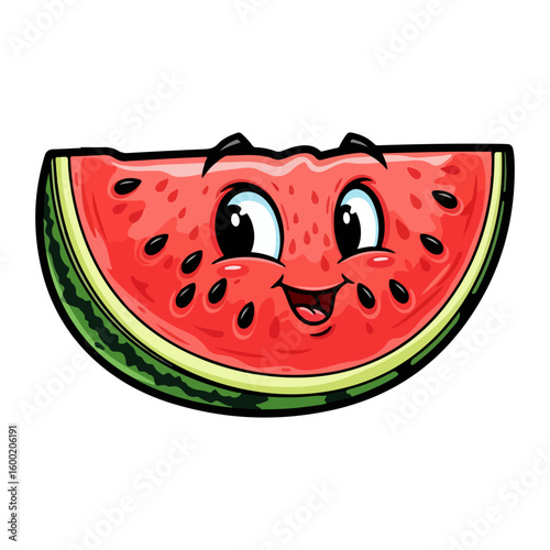 Watermelon cartoon, colored cartoon with line art and white background. AI generated image.