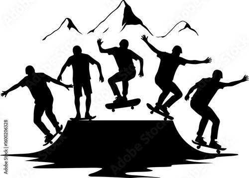"Mountain Skateboarding Silhouette Scene" vector bundle