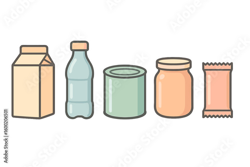 Collection of assorted food and beverage containers arranged in a row, showcasing different shapes and sizes, indoors with neutral background