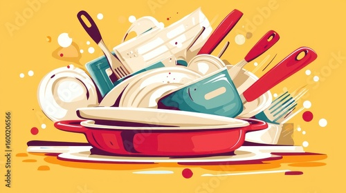 Colorful illustration of a pile of dirty dishes and cookware.