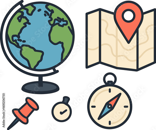 Discovering navigation tools with a globe, map, compass, and other essentials for travel planning and exploration