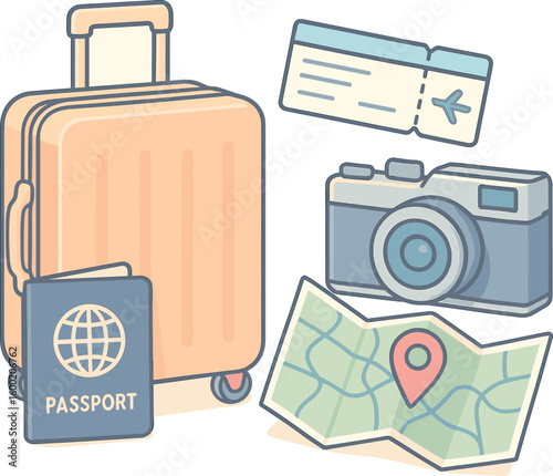 Travel essentials for an adventurous journey featuring a suitcase, passport, camera, and map