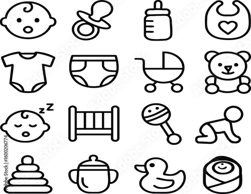 Baby Line Icons Set – Childcare, Toys, and Infant Essentials Vector Collection