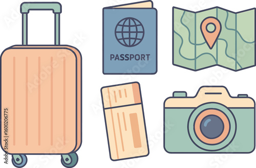 Travel essentials arranged for an exciting journey featuring a suitcase, passport, map, ticket, and camera