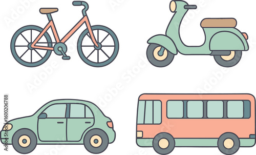 Different modes of transportation arranged on a simple background showcasing a bicycle, scooter, car, and bus