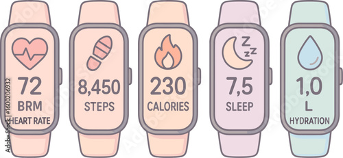 Heart rate, steps, calories, sleep, and hydration metrics displayed on fitness trackers during a wellness journey
