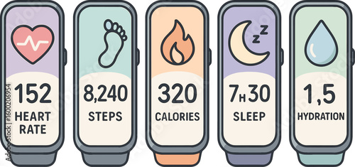 Data display of fitness metrics including heart rate, steps, calories burned, sleep hours, and hydration levels for health tracking