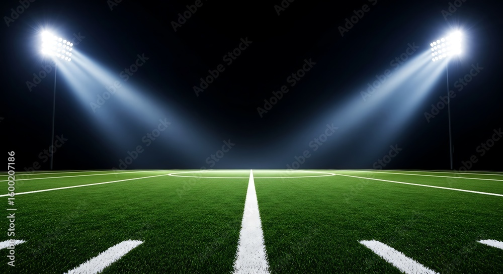 Naklejka premium Dramatic view of an American football field at night, illuminated by two powerful stadium spotlights, creating a path to victory.