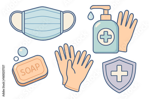 Health protection symbols with face mask, hand sanitizer, soap, gloves, and shield in a diagram representing safety measures