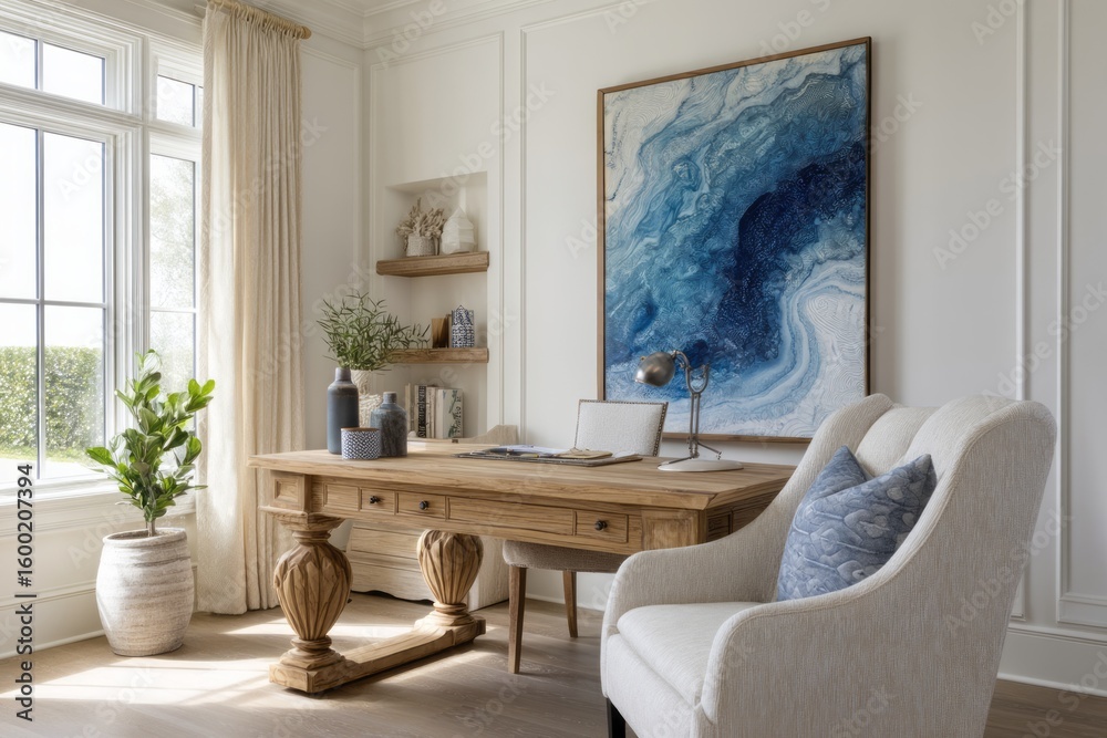 Fototapeta premium Light-filled home office with a large abstract painting.