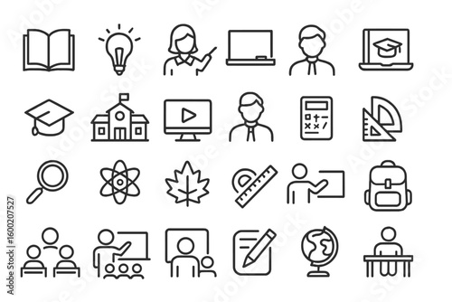 Educational icons representing various academic subjects and teaching methods in a minimalist style