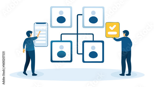 People connecting with mobile and task completion in a network illustration concept design image