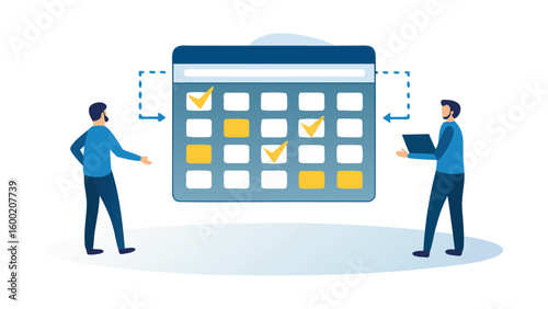 Illustration of two men interacting with a calendar interface with marked appointments