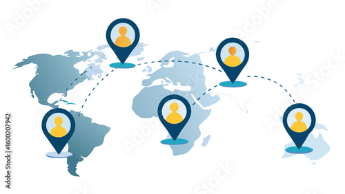 World map with location pins showing global network connections and user distribution across continents