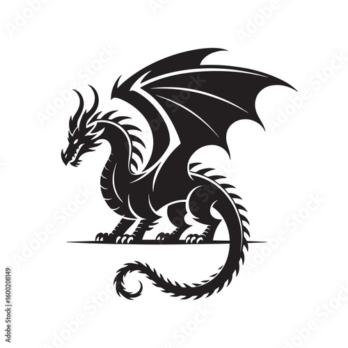Majestic Black Dragon Silhouette with Spread Wings and Open Mouth - Mythical Creature Vector Illustration for Fantasy, Gaming, and Logo Designs

