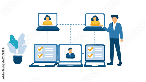 Illustration of a man presenting a virtual meeting with participants on multiple computers online