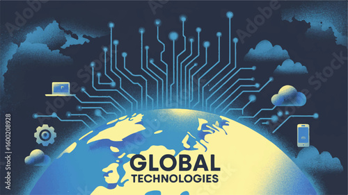 Digital World's Embrace: The world of global technologies is interconnected by lines of light, with abstract digital elements emerging from an expansive globe.