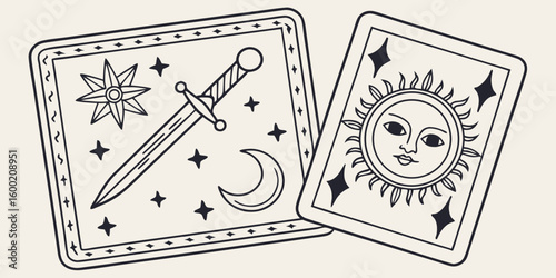 Mystical Hand-Drawn Tarot Cards Illustration: Sword, Star, and Moon Card Paired with a Sun Card Back Design on a Cream Background.