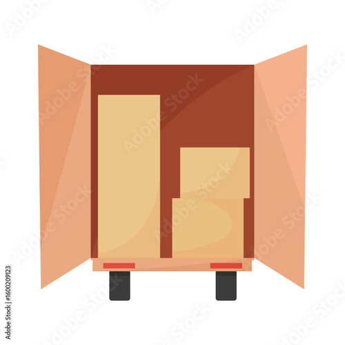 Cardboard boxes in the trunk of the truck. Delivery and moving service. Vector flat illustration.